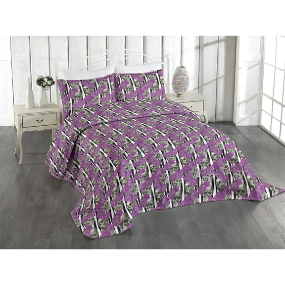 Ambesonne Skull Quilted Coverlet 2 Pcs, Sepia Skeleton Roses Heads, Twin Size, Fuchsia Purple and Black