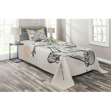 Ambesonne Skull Quilted Coverlet 2 Pcs, Skating Skeleton Boy, Twin Size, Pale Grey and Cream