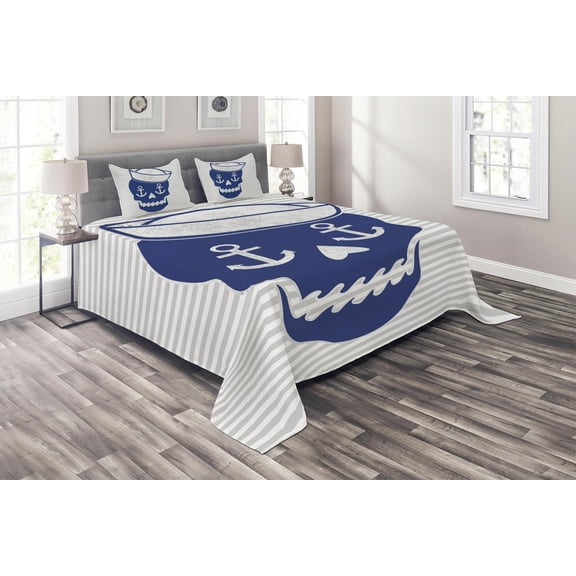 Ambesonne Skull Quilted Coverlet 3 Pcs, Anchor and Captains Hat, Queen Size, Persian Blue Grey