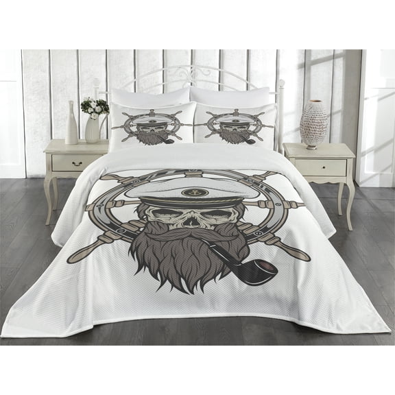 Ambesonne Skull Quilted Coverlet 3 Pcs, Captain Pirate Skeleton, King Size, White Brown Grey