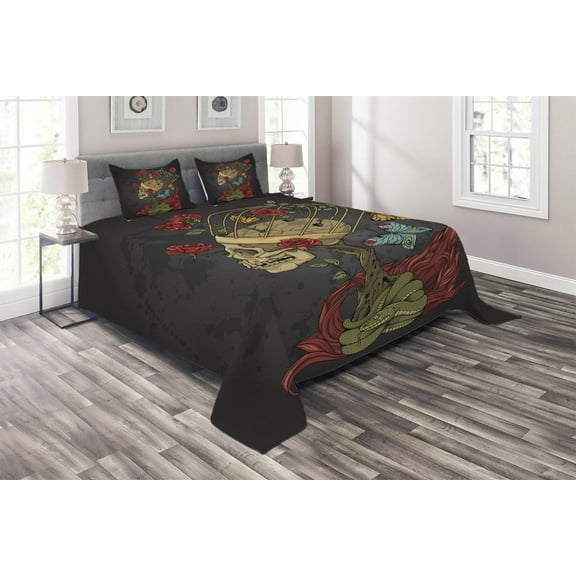 Ambesonne Skull Quilted Coverlet 3 Pcs, Evil Mexican Sugar, Queen Size, Ruby Dark Grey