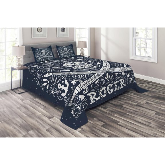 Ambesonne Skull Quilted Coverlet 3 Pcs, Pirates Jolly Roger Flag, Queen Size, Dark Blue and White