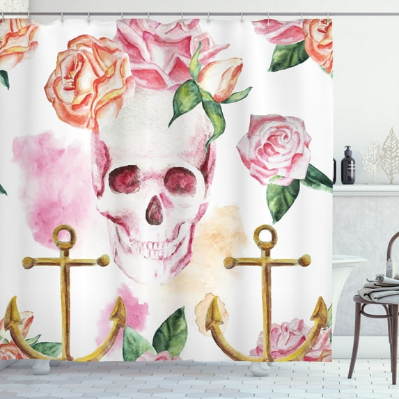 Ambesonne Skull Shower Curtain, Anchor Roses Peony Art, 69"Wx70"L, White Green Pink