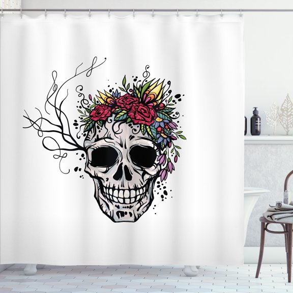 Ambesonne Skull Shower Curtain, Colorful Blooming Gothic Art, 69"Wx84"L, Pale Eggshell and Multicolor