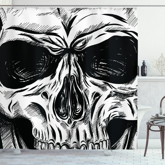 Ambesonne Skull Shower Curtain, Gothic Sketch Evil Face, 69"Wx84"L, Black White