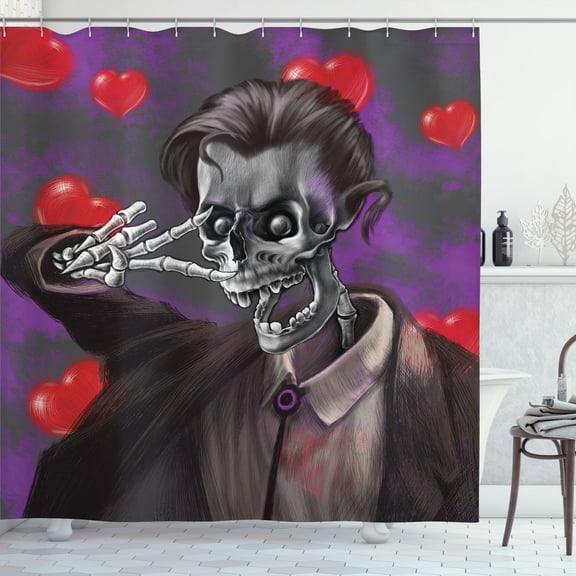 Ambesonne Skull Shower Curtain, Romantic Skeleton Hearts, 69"Wx84"L, Black and Red