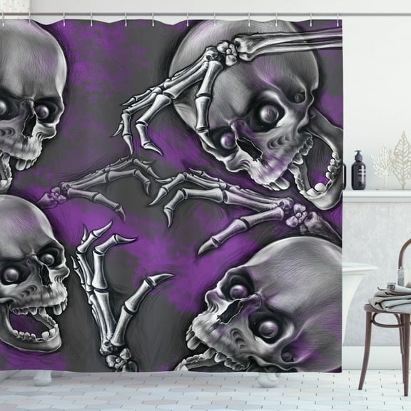 Ambesonne Skull Shower Curtain, Spooky Smiling Skeleton, 69"Wx84"L, Purple Grey and Black