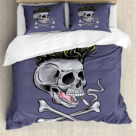 Ambesonne Skull Smoking Duvet Cover Sets, Punk Skeleton Head, 2-King, Dark Indigo and Multicolor