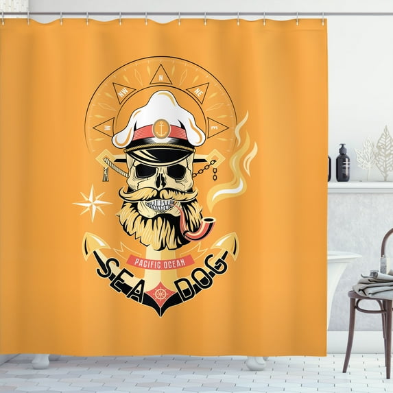 Ambesonne Skull Smoking Shower Curtain, Sailor Skeleton Head, 69"Wx75"L, Pale Orange Multicolor