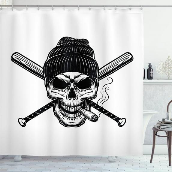Ambesonne Skull Smoking Shower Curtain, Skeleton Head Beanie, 69"Wx75"L, White Charcoal Grey