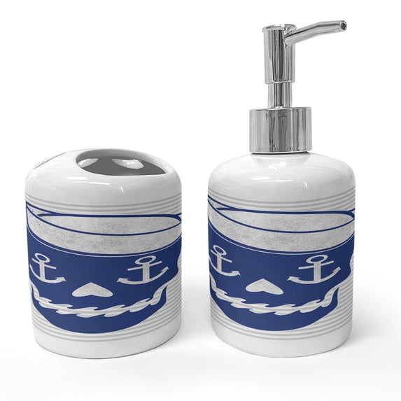 Ambesonne Skull Soap Dispenser & Toothbrush Holder Set, Anchor and Captains Hat, 2 Pcs, Persian Blue Grey