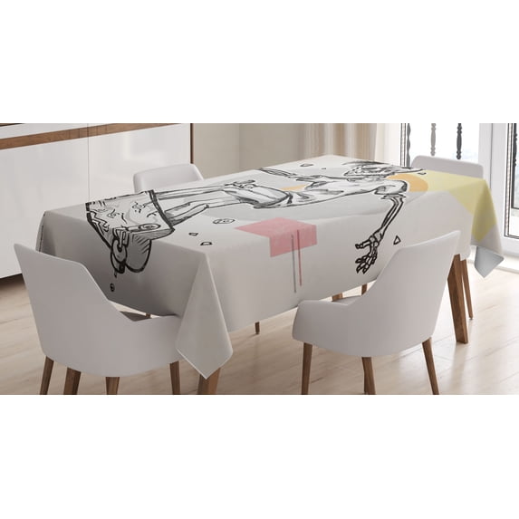 Ambesonne Skull Tablecloth Rectangular Table Cover, Skating Skeleton Boy, 60"x84", Pale Grey and Cream