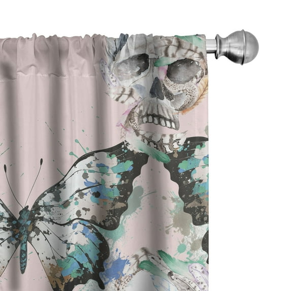 Ambesonne Skulls Butterflies Curtains, Gothic Splashes, Pair of 28"x95", Pale Rose Teal and Umber