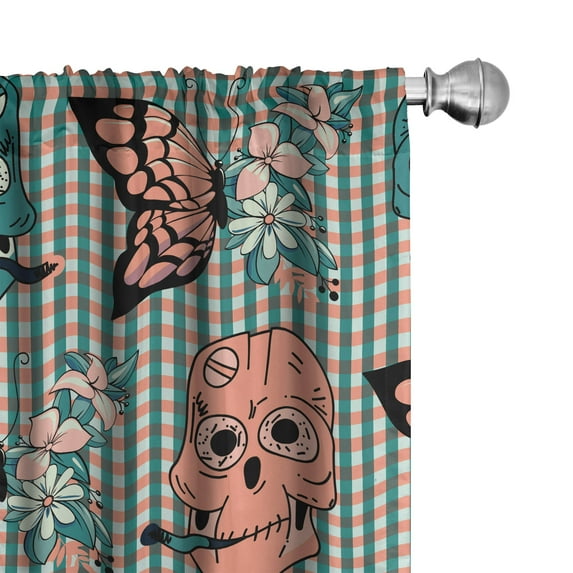 Ambesonne Skulls Curtains, Butterflies Retro Gingham, Pair of 28"x63", Salmon Teal Pink