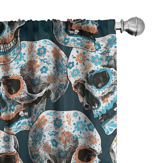 Ambesonne Skulls Curtains, Happy Head Bones Floral Art, Pair of 28"x95", Ginger Sky Blue and Dark Grey
