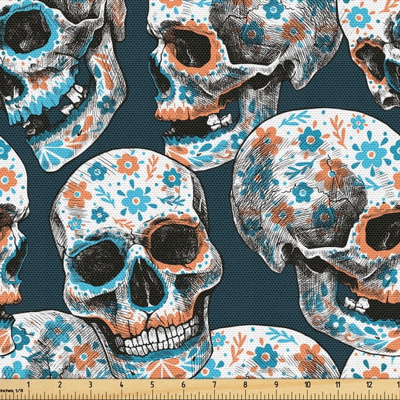 Ambesonne Skulls Fabric by the Yard, Happy Head Bones Floral Art, 5 Yards, Ginger Sky Blue and Dark Grey
