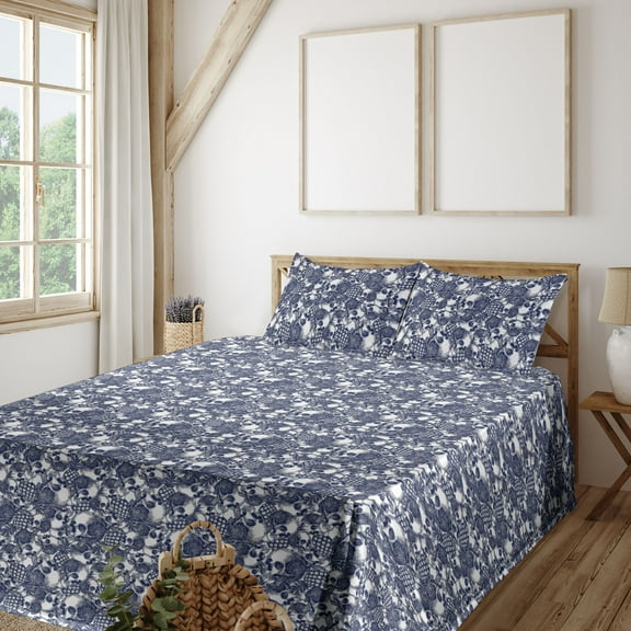 Ambesonne Skulls Fitted & Flat Sheet with Shams 4 Pcs Set, Monochrome Sketchy Pineapple, King, Navy Blue and White