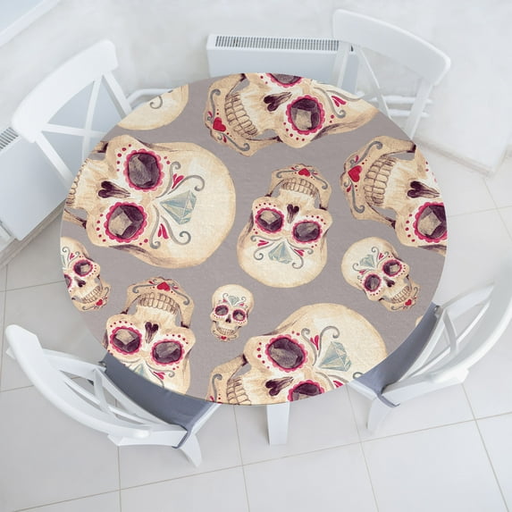 Ambesonne Skulls Fitted Round Tablecloth, Mexican Feels Watercolor, 36"- 40" Diameter, Dark Pink and Pale Seafoam