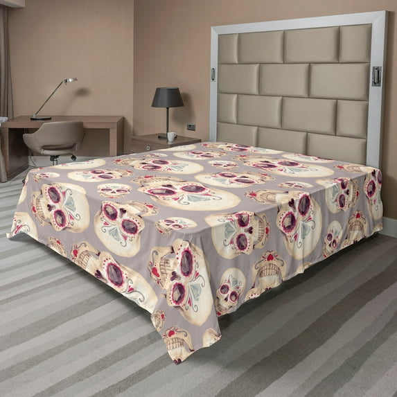 Ambesonne Skulls Flat Bedding Sheet Soft Top Sheet, Mexican Feels Watercolor, Full, Dark Pink and Pale Seafoam