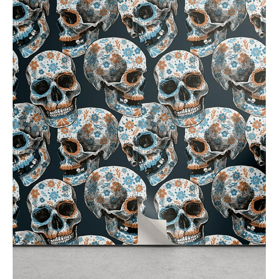 Ambesonne Skulls Peel & Stick Wallpaper for Home, Happy Head Bones Floral Art, 13"x100", Ginger Sky Blue and Dark Grey