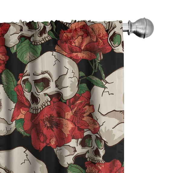 Ambesonne Skulls Roses Curtains, Romantic and Gothic, Pair of 28"x84", Jade Green and Dark Coral