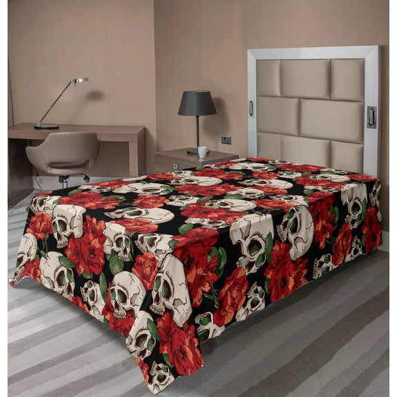 Ambesonne Skulls Roses Flat Bedding Sheet Soft Top Sheet, Romantic and Gothic, Twin, Jade Green and Dark Coral