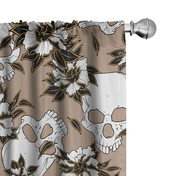 Ambesonne Skulls and Flowers Curtains, Autumn Skull, Pair of 28"x63", White Dark Green Almond