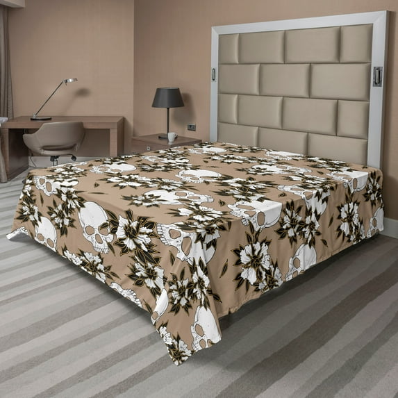 Ambesonne Skulls and Flowers Flat Bedding Sheet Soft Top Sheet, Autumn Skull, Queen, White Dark Green Almond
