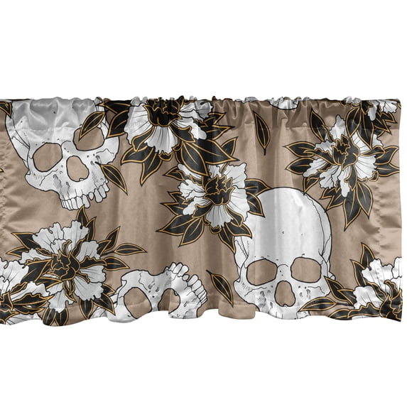 Ambesonne Skulls and Flowers Window Valance with Rod Pocket, Autumn Skull, 54" x 12", White Dark Green Almond