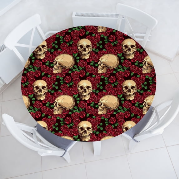 Ambesonne Skulls and Roses Fitted Round Tablecloth, Romantic Flowers, 45"- 56" Diameter, Ecru Dark Pink and Maroon