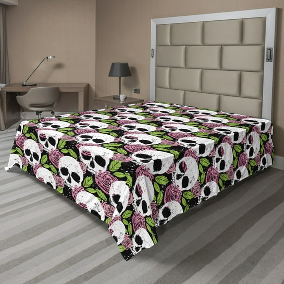 Ambesonne Skulls and Roses Flat Bedding Sheet Soft Top Sheet, Grungy Gothic Art, King, Lime Green Pastel Pink