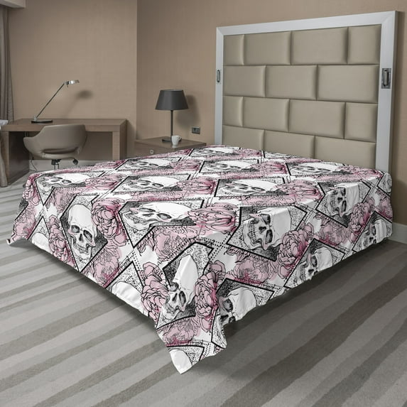 Ambesonne Skulls and Roses Flat Bedding Sheet Soft Top Sheet, Rhomboid Gothic, Full, Blush White and Charcoal Grey