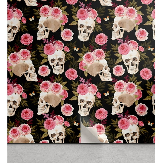 Ambesonne Skulls and Roses Peel & Stick Wallpaper for Home, Peonies on Skull, 13"x100", Pink Laurel Green Black
