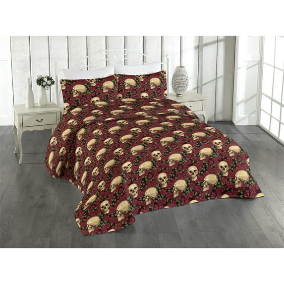 Ambesonne Skulls and Roses Quilted Bedspread Set 3 Pcs, Romantic Flowers, King, Ecru Dark Pink and Maroon
