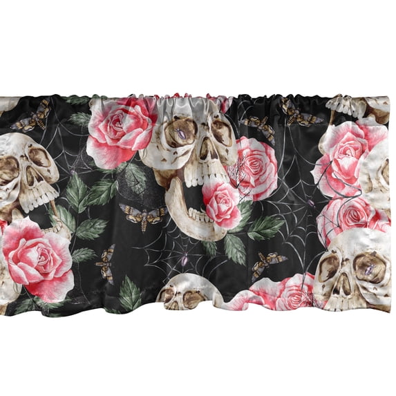 Ambesonne Skulls and Roses Window Valance with Rod Pocket, Gothic and Flowers, 54" X 18", Pink Laurel Green and Black