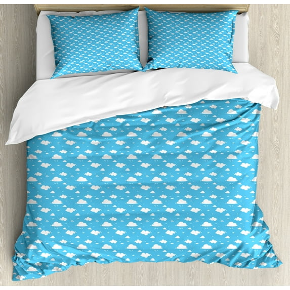 Ambesonne Sky Blue Duvet Cover Set, Fluffy Clouds Day Time, 2-Calking, Deep Sky Blue and White