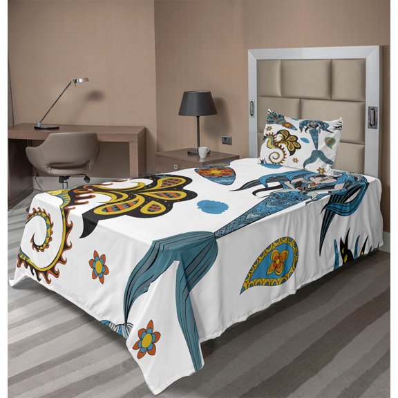 Ambesonne Sky Blue Fitted & Top Sheet Set with Sham, Mermaid and Sea Horse, Pale Blue Yellow Orange