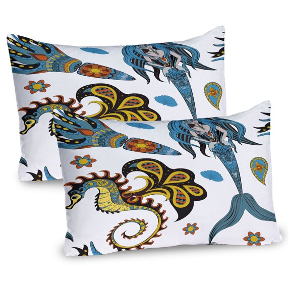Ambesonne Sky Blue Pillow Sham 2 Pack, Mermaid and Sea Horse, 30"x20", Pale Blue Yellow Orange