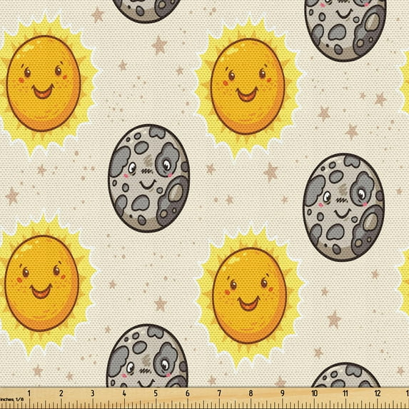 Ambesonne Sky Fabric by the Yard Upholstery, Happy Moon and Sun Characters, 2 Yards, Pale Orange and Pale Grey