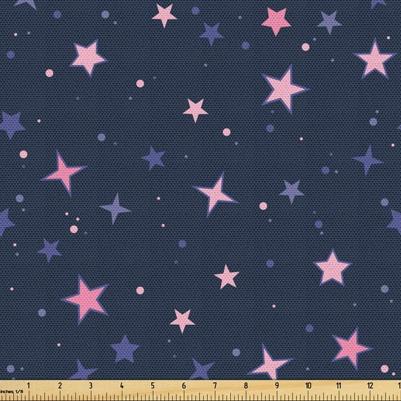 Ambesonne Sky Fabric by the Yard Upholstery, Scattered Stars Dots Pattern, 3 Yards, Dark Indigo and Soft Pink