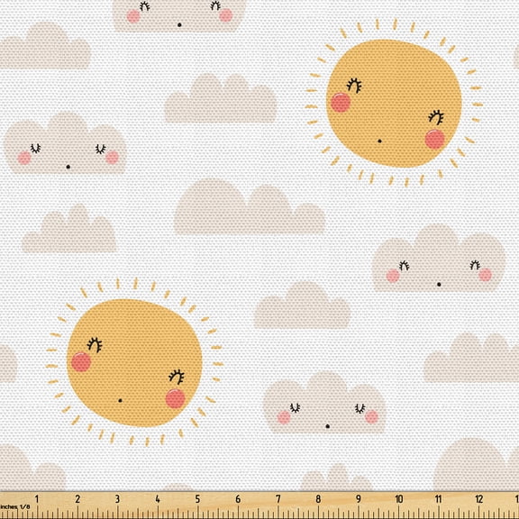 Ambesonne Sky Fabric by the Yard Upholstery, Sleeping Sun and Clouds Cartoon, 1 Yard, Pale Orange and Champagne