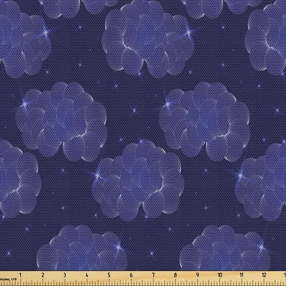 Ambesonne Sky Fabric by the Yard Upholstery, Zentangle Clouds Stars Graphic, 5 Yards, Indigo Dark Lavender