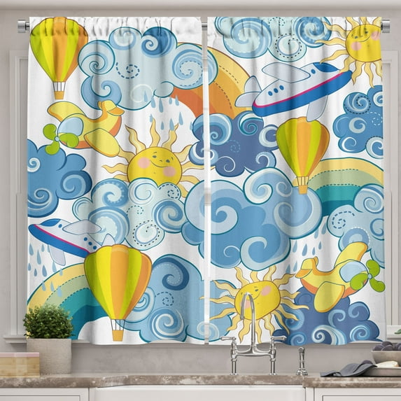 Ambesonne Sky Kitchen Curtains, Sun Airplanes and Balloons, 55"x39", Yellow and Pale Blue