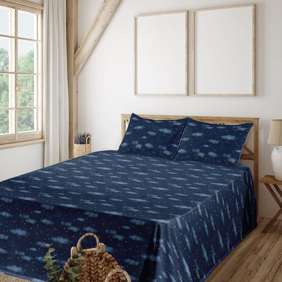 Ambesonne Sky Print Fitted & Flat Sheet with Sham 3 Pcs Set, Night Time Pattern Stars, Twin, Navy Blue Pale Yellow