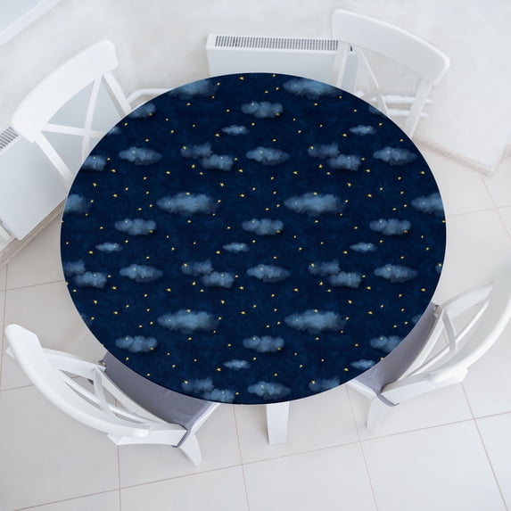 Ambesonne Sky Print Fitted Round Tablecloth, Night Time Pattern Stars, 40"- 44" Diameter, Navy Blue Pale Yellow