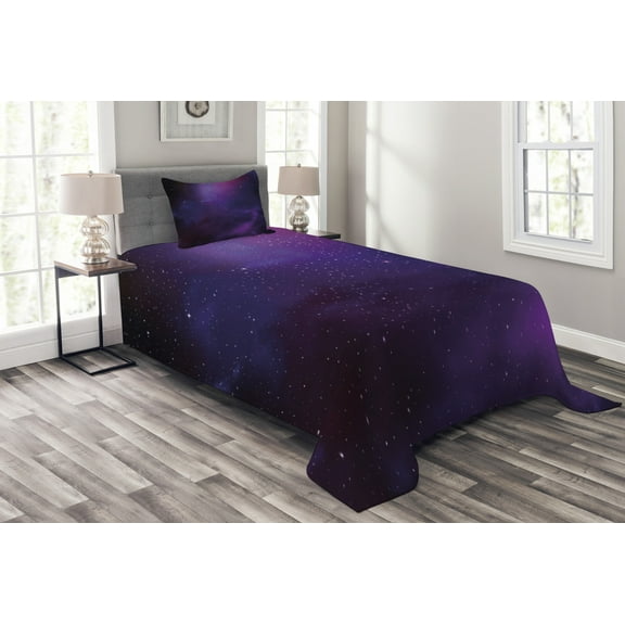 Ambesonne Sky Quilted Bedspread Set 2 Pcs, Galaxy Themed Nebula Star, Twin Size, Purple Pink Black