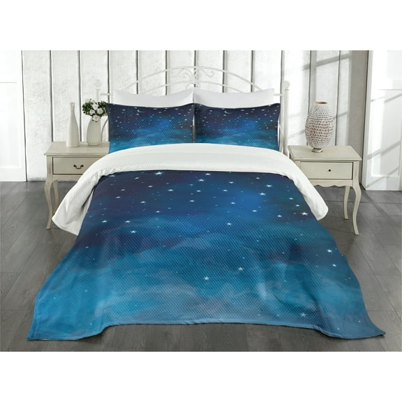 Ambesonne Sky Quilted Bedspread Set 3 Pcs, Night Time with Moon Star, Queen Size, Blue Dark Blue