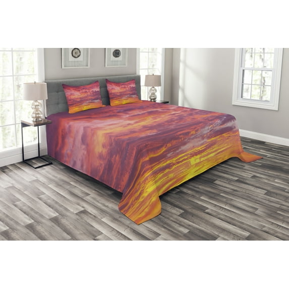 Ambesonne Sky Quilted Bedspread Set 3 Pcs, Sunset Clouded Weather, King Size, Coral Dried Rose Orange