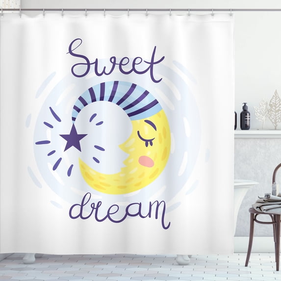Ambesonne Sky Shower Curtain, Sleeping Moon in Nightcap Art, 69"Wx84"L, Pale Yellow and Dark Indigo