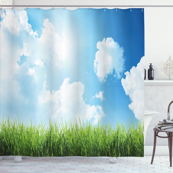 Ambesonne Sky Shower Curtain, Sunny Day Grass Clouds, 69"Wx70"L, Blue Green White